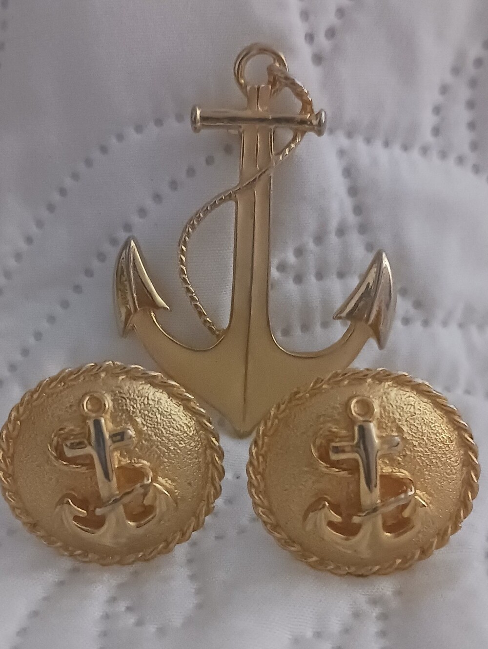 Gold Anchor Brooch and Clip Earrings Maeve Carr & Parklane  - Nautical Jewelry